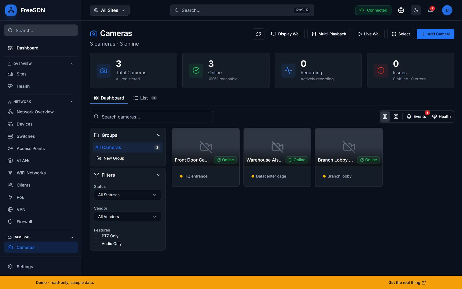 FreeSDN Cameras dashboard with camera count, online status, recording status, and a grid of camera tiles